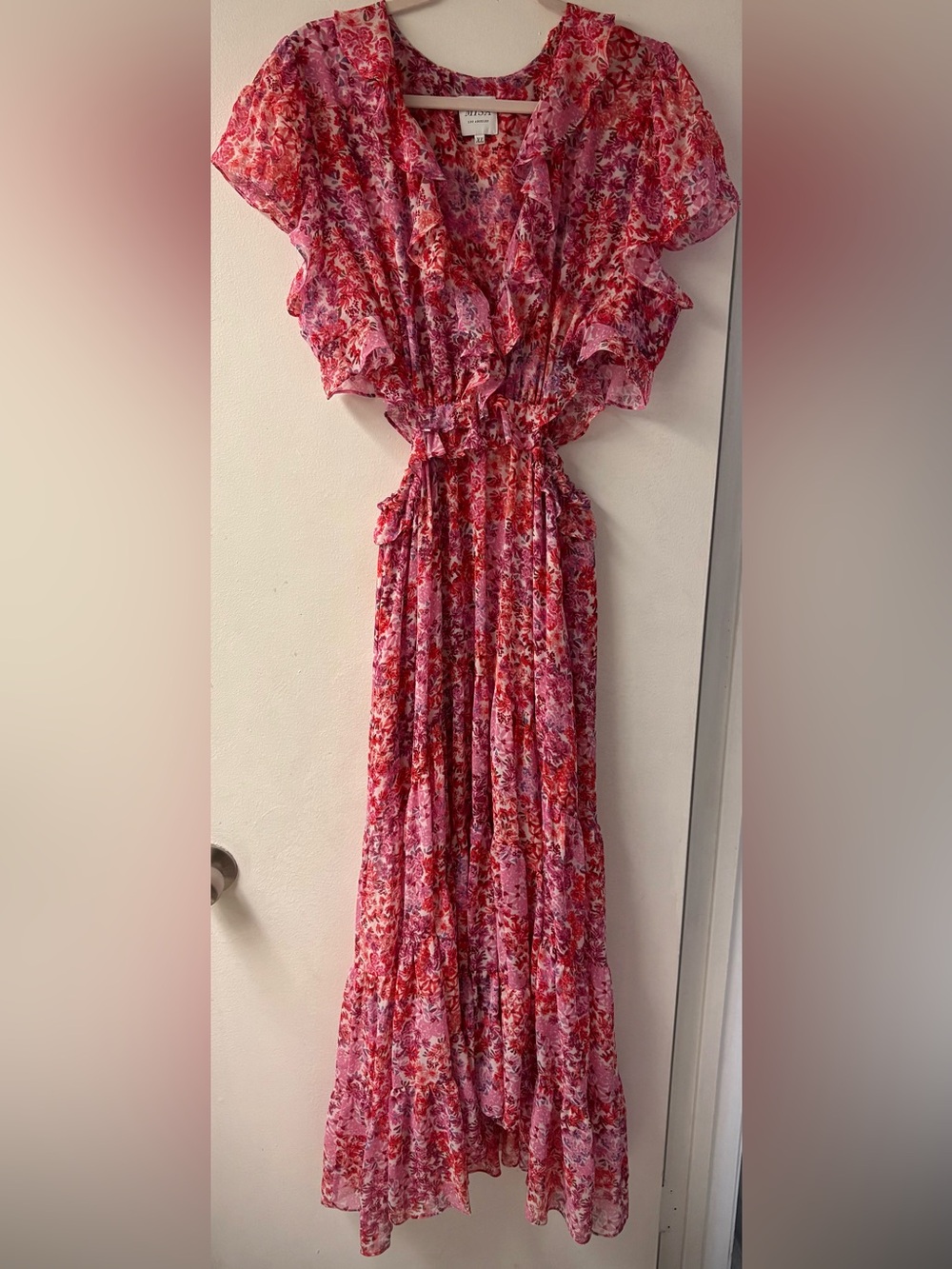 New without tags Misa Los Angeles Pink & Red Floral Ruffle Maxi Dress